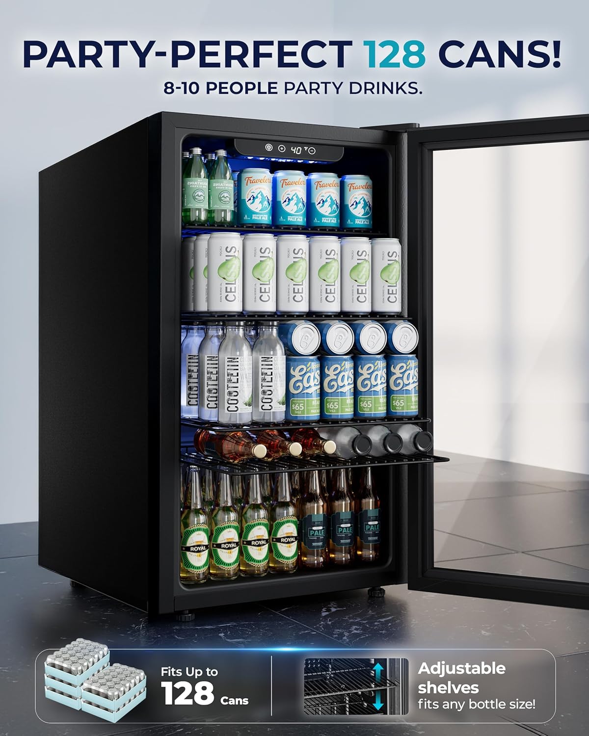 EUHOMY 4.5 Cu.ft Beverage Refrigerator and Cooler, 145 Can Mini fridge with Glass Door for Soda Beer Wine, Small Drink Dispenser with Digital Adjustable Thermostat for Home Office Bar