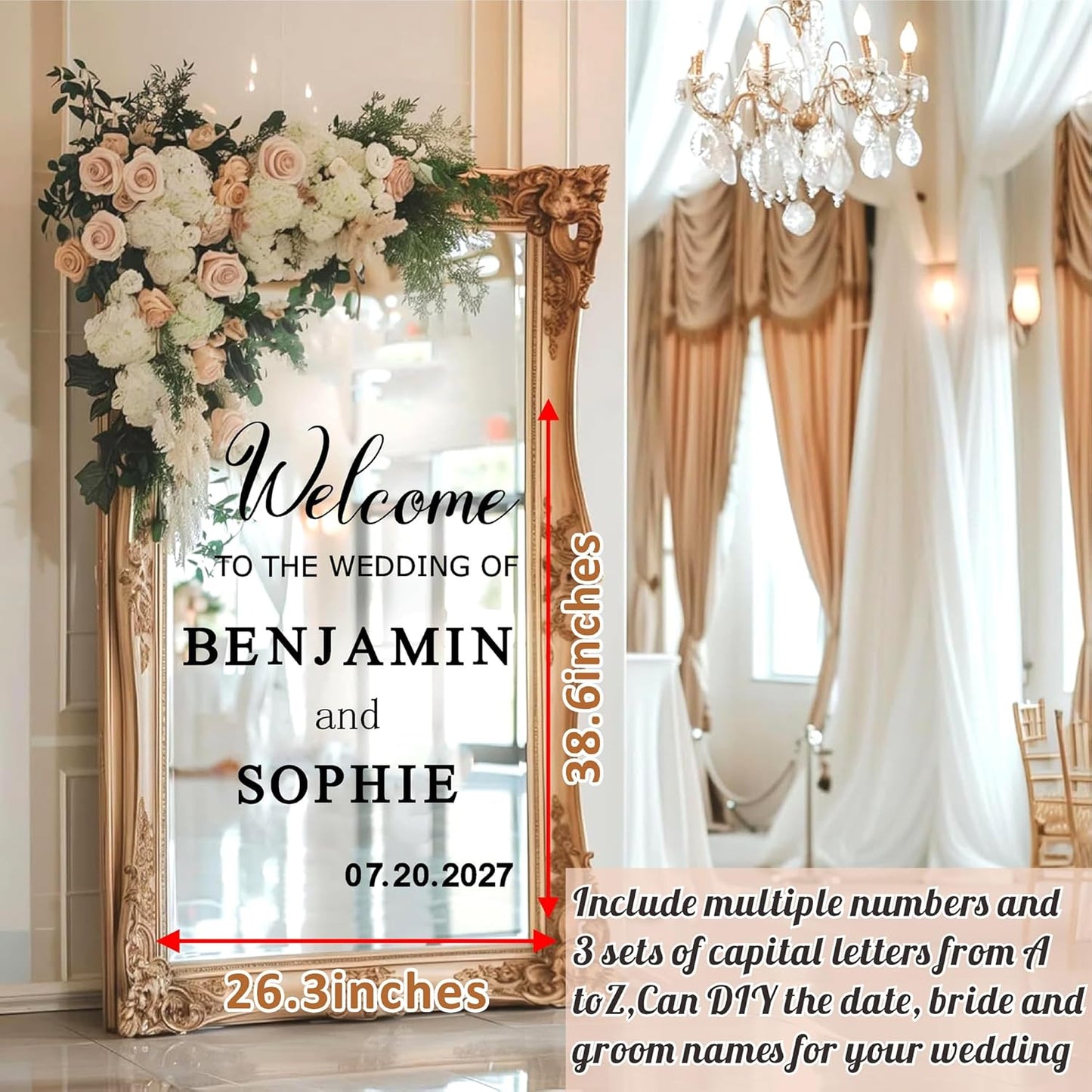Custom Name Welcome to Our Wedding Signs Personalized Wedding Mirror Decals Selfie Mirror Decal for Wedding Entry Reception Display Golden Date Marriage DIY Vinyl Lettering Welcome Party Decoration