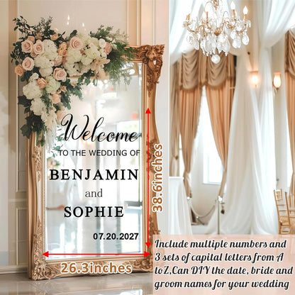 Custom Name Welcome to Our Wedding Signs Personalized Wedding Mirror Decals Selfie Mirror Decal for Wedding Entry Reception Display Golden Date Marriage DIY Vinyl Lettering Welcome Party Decoration