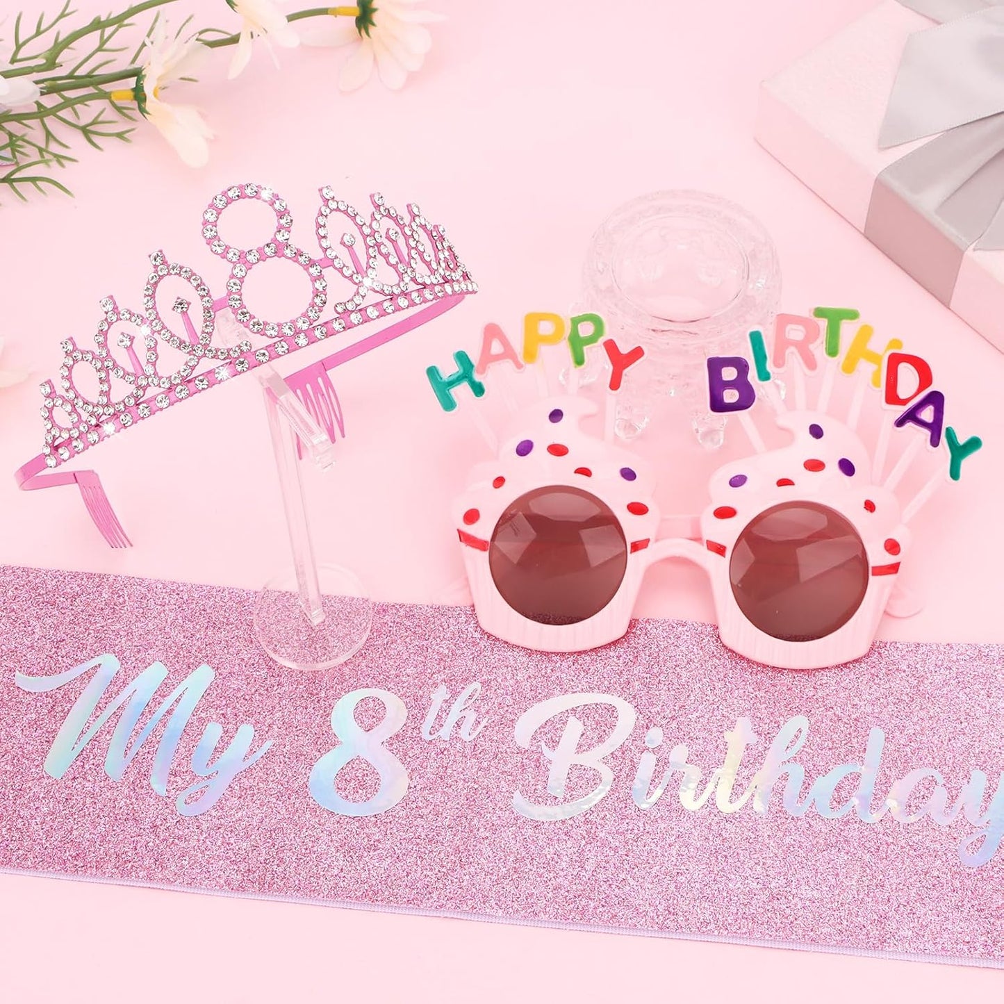 YARIEW 3rd Birthday Decorations, 3rd Glitter Purple Sash and Crown Kit with Happy Birthday Sunglasses, Tiara Princess Crown and Sash Party Outfit Accessory