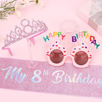 YARIEW 3rd Birthday Decorations, 3rd Glitter Purple Sash and Crown Kit with Happy Birthday Sunglasses, Tiara Princess Crown and Sash Party Outfit Accessory