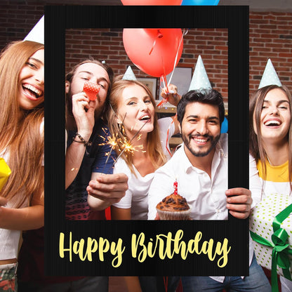 Beeveer 32 x 24 Inch Extra Large Happy Birthday Photo Booth Selfie Frame Props Picture DIY Cutouts Photo Backdrop Cardboard Props for Party Supplies Favors(Vertical,Shiny Gold)