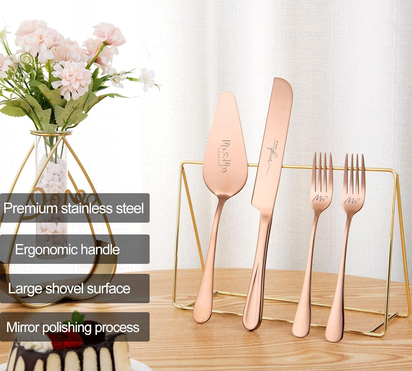 4 Pieces Wedding Cake Knife and Server Set, Stainless Steel Mr and Mrs Cake Cutter and Forks for Wedding, Birthday, Bridal Shower Gifts for Couples (Rose Gold)