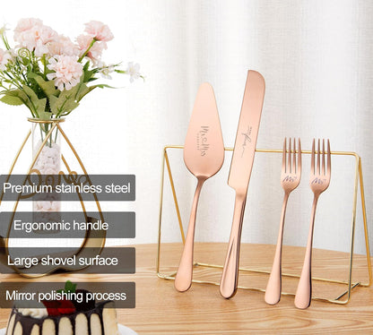 4 Pieces Wedding Cake Knife and Server Set, Stainless Steel Mr and Mrs Cake Cutter and Forks for Wedding, Birthday, Bridal Shower Gifts for Couples (Rose Gold)