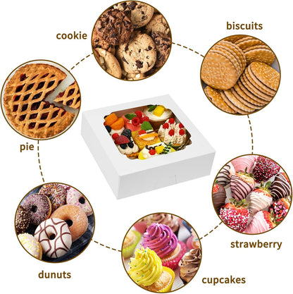 Moretoes 30pcs Bakery Boxes, 8x8x2.5 Cookie Boxes with Window, White Treat Containers for Donuts, Chocolate Strawberries, Pie, Birthday Party, Mother's Day, Weddings