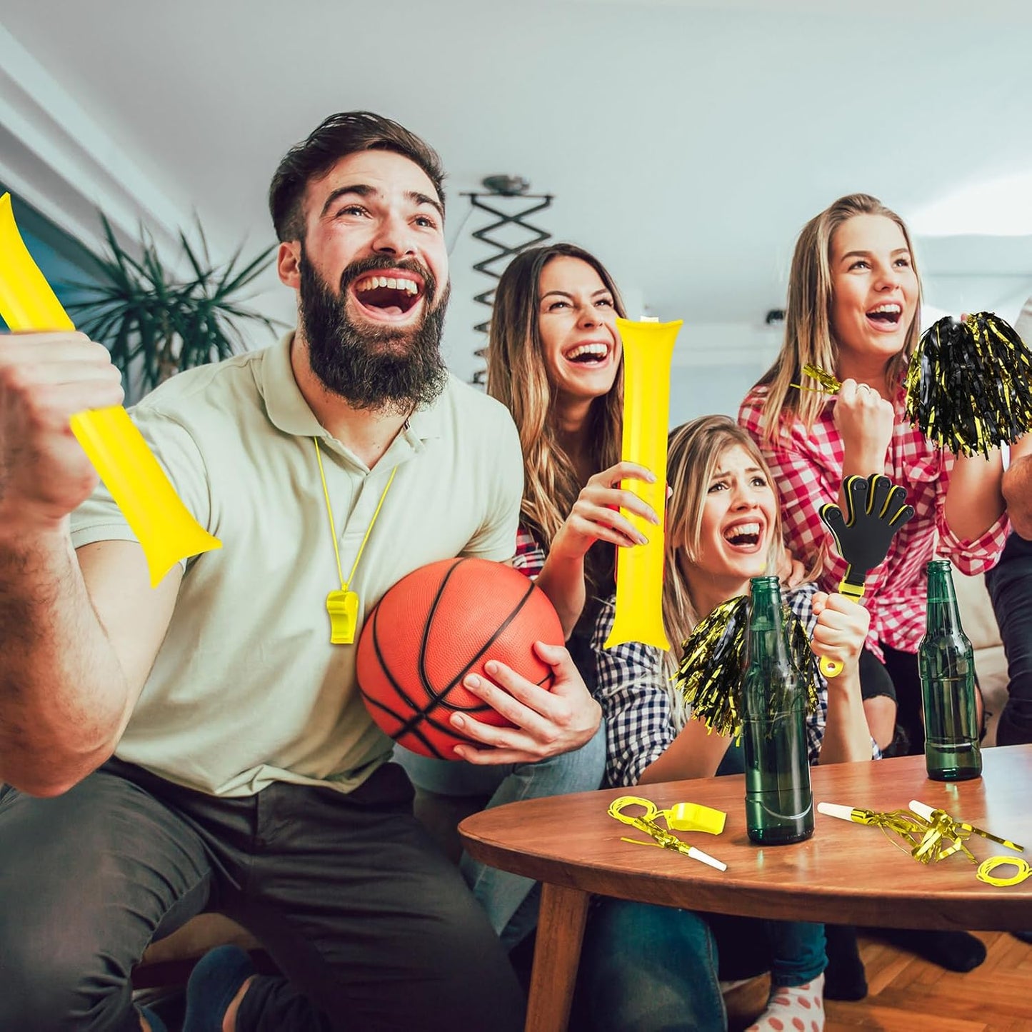 Yunsailing 96 Pcs Homecoming Noisemakers Team Spirit Accessories for Game Day Include Hand Clappers Cheerleading Pom Pom Thunder Stick Cheer Party Blower Plastic Whistle for Sport Fans(Gold)