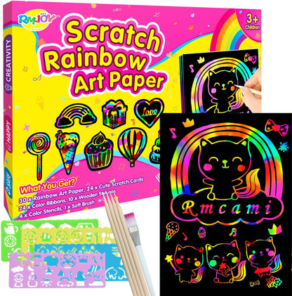 RMJOY Rainbow Scratch Paper Art for Kids: 50PCS Magic Arts Crafts Gifts Toys for Girls Boys Ages 3-12 Games Activities for Birthday Party Family Day Classroom Prizes Easter Basket Stuffers(Boys)