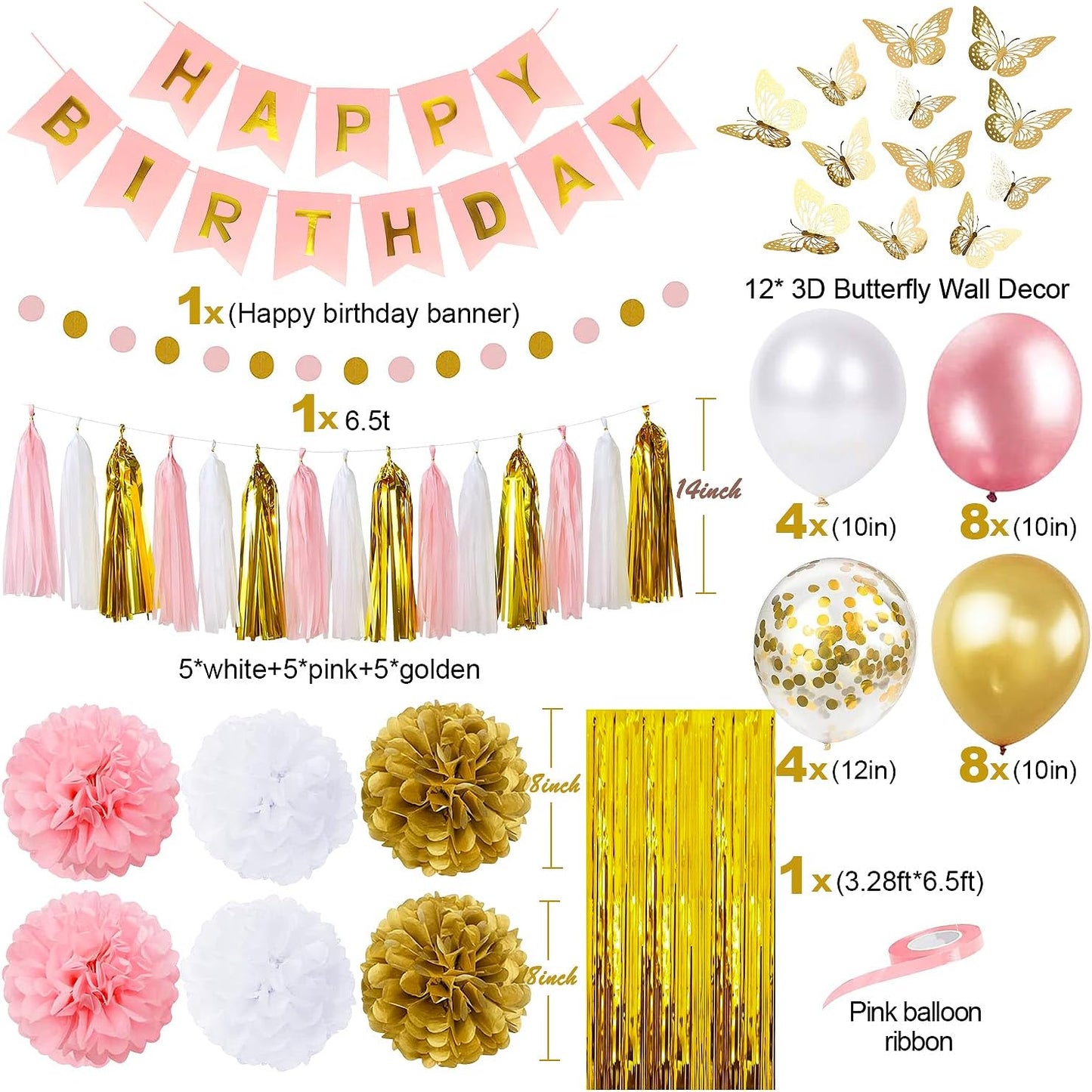 Purple Pink Birthday Party Decorations for Women Girls with Happy Birthday Banner,Hanging Swirls,Tissue Paper Pompoms,Circle Dots Garland,Tassel Garland Purple Balloons