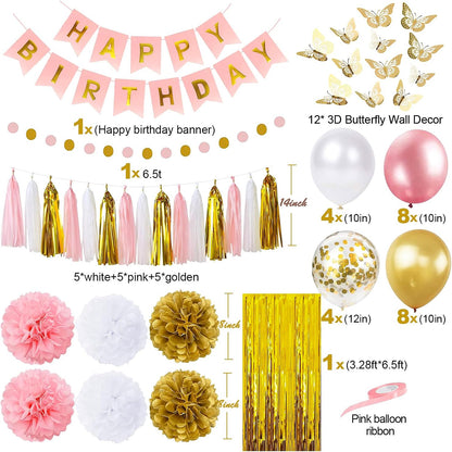 Purple Pink Birthday Party Decorations for Women Girls with Happy Birthday Banner,Hanging Swirls,Tissue Paper Pompoms,Circle Dots Garland,Tassel Garland Purple Balloons