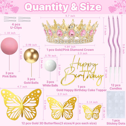 Crown Cake Topper, Balls Happy Birthday Cake Topper Pink Crown Birthday Candles Gold Butterflies, Corona Para Pastel, Cake Decorations for Birthday Wedding (Gold, Pink)