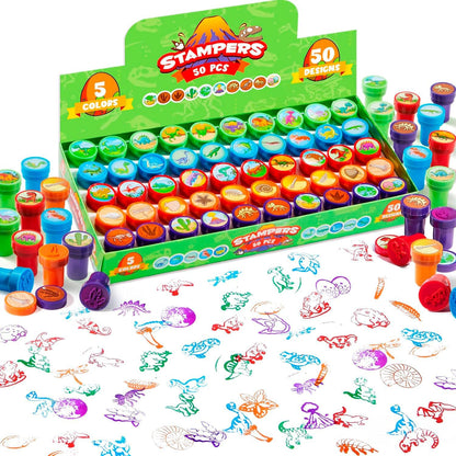 JOYIN 50 Pcs Assorted Stamps for Kids - Self-Ink Stamps with 50 Designs for Birthday Party Favor, Carnival Prizes, School Stampers, Goodie Bag, Classroom Treasure Box Toys (Zoo, Holiday Stampers)
