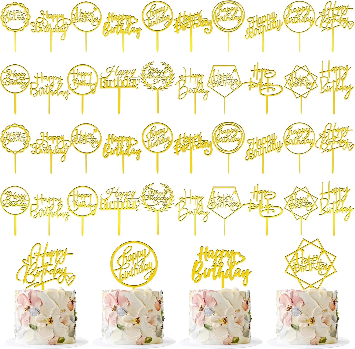 40 PCS Happy Birthday Cake Topper Acrylic Cupcake Topper A Series of Birthday Cake Supplies Decorations 10 Styles 4 Colors