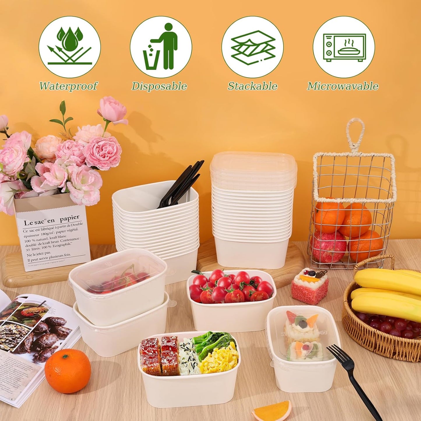 50-Pack 29oz Disposable Kraft Paper Bowls【with Lids and Forks】,Meal Prep Containers Disposable Togo Food Deli Containers for Restaurant Supplies Take Out Containers, Microwave Safe for Hot/Cold Food