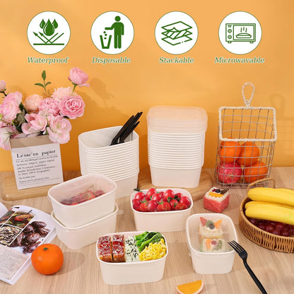 50-Pack 29oz Disposable Kraft Paper Bowls【with Lids and Forks】,Meal Prep Containers Disposable Togo Food Deli Containers for Restaurant Supplies Take Out Containers, Microwave Safe for Hot/Cold Food
