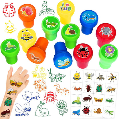 36PCS Bug Party Favors - 24PCS Pre-Cut Temporary Tattoos & 12PCS Stamps - Ideal Spring Summer Animal Themed Birthday Card Decorations Supplies Goodie Bag Kids Gifts Classroom Rewards Prizes