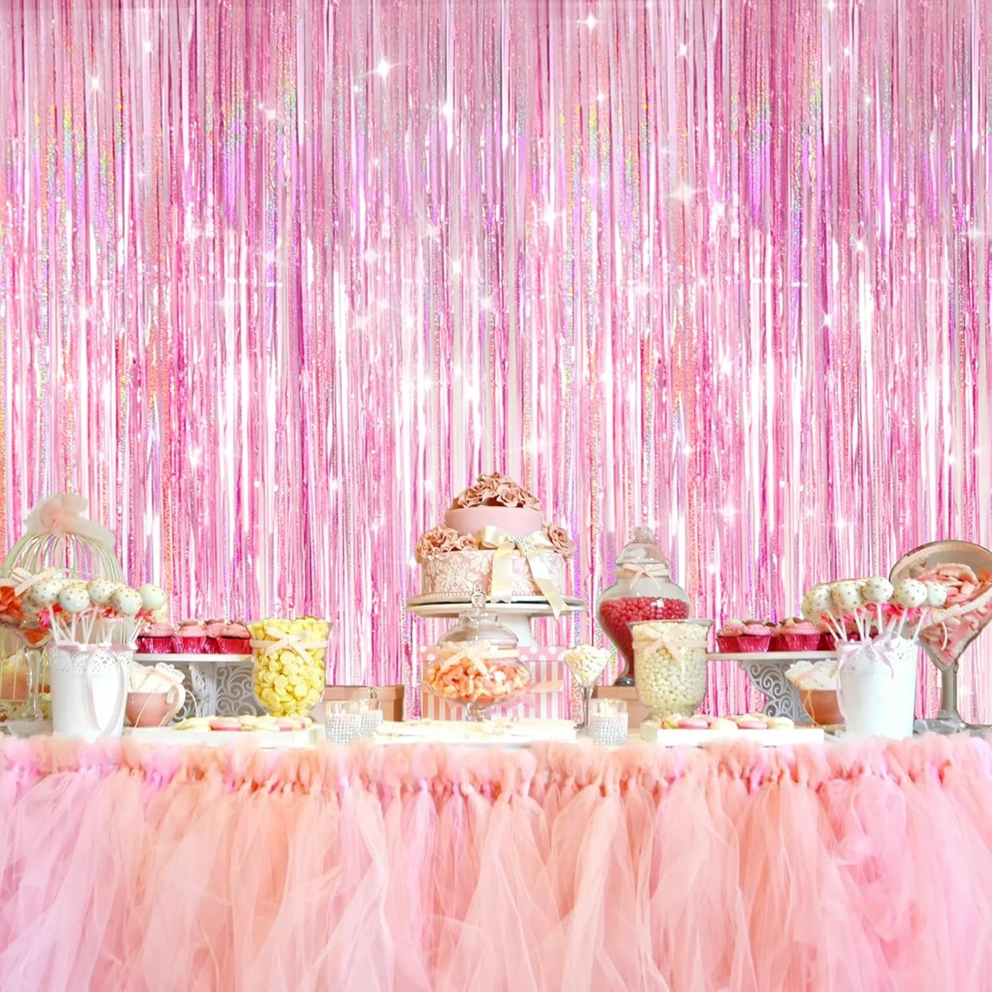 2 Pack Shiny Silver Tinsel Foil Fringe Curtains, 3.3ft x 6.6ft Iridescent Streamers Party Photo Backdrop for Birthday, Wedding, Engagement, Bachelorette Party Decoration