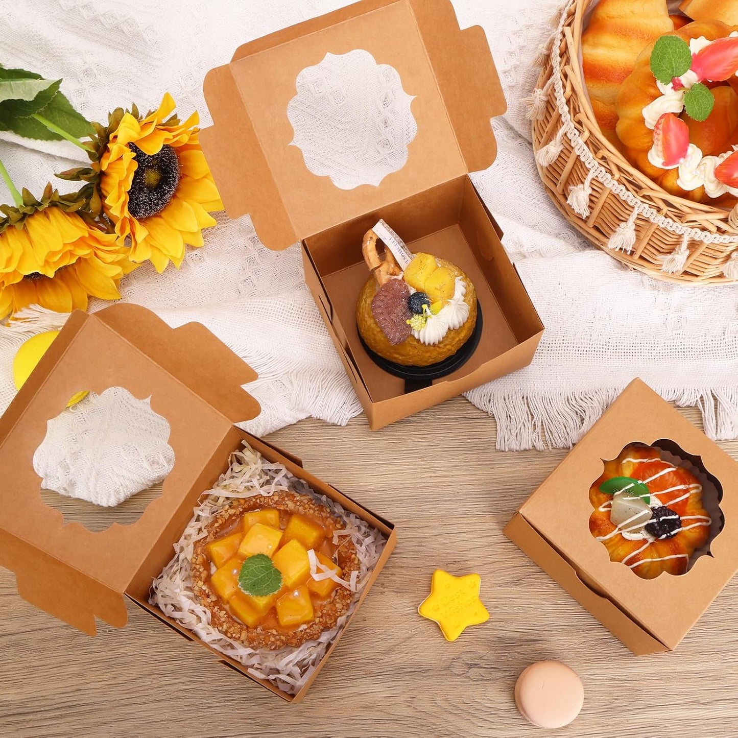 TOMNK 150pcs White Small Cookie Boxes with Window,4x4x2.5 Inch Small Bakery Boxes, 3 Style, Cookie Boxes Bulk for Dessert, Chocolate Strawberries Donuts and Party Favor