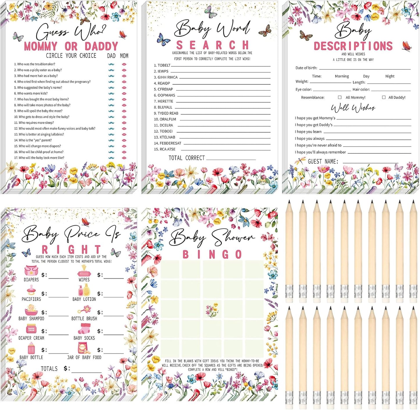 Yinder 145 Pcs Baby Shower Games Activities Cards with 20 Pencils Includes Baby Bingo Description and Wishes Guess Who Price is Right Word Scramble Game(Here Comes the Son)