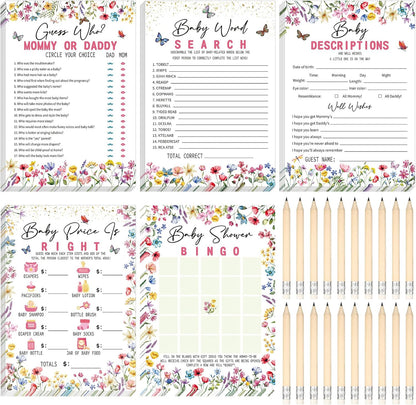 Yinder 145 Pcs Baby Shower Games Activities Cards with 20 Pencils Includes Baby Bingo Description and Wishes Guess Who Price is Right Word Scramble Game(Here Comes the Son)