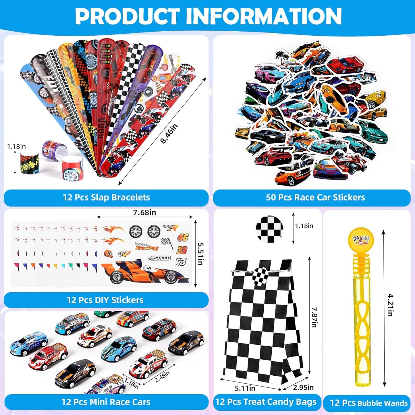 Vanblue 110Pcs Race Car Party Favors Themed Birthday Decorations Supplies Straw Bubble Slap Bracelet DIY Sticker Toy Gift for Boy Kids Treat Candy Bags Stuffers Classroom Rewards