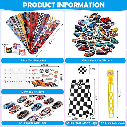 Vanblue 110Pcs Race Car Party Favors Themed Birthday Decorations Supplies Straw Bubble Slap Bracelet DIY Sticker Toy Gift for Boy Kids Treat Candy Bags Stuffers Classroom Rewards