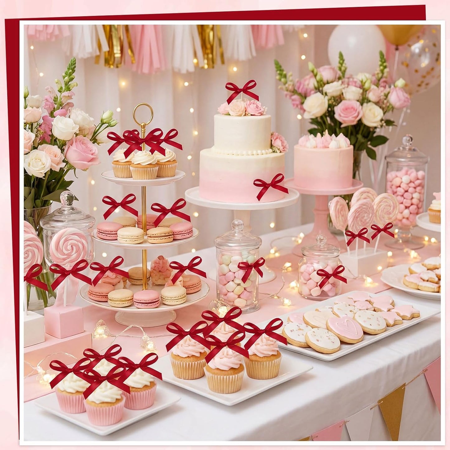 30 Pack Bow Cake Toppers Pink Ribbons Bows for Cake Coquette Themed Bow Cupcake Toppers Pink Bow Birthday Decorations for Baby Shower, Birthday, Wedding, Bachelorette, Mothers Day Decorations