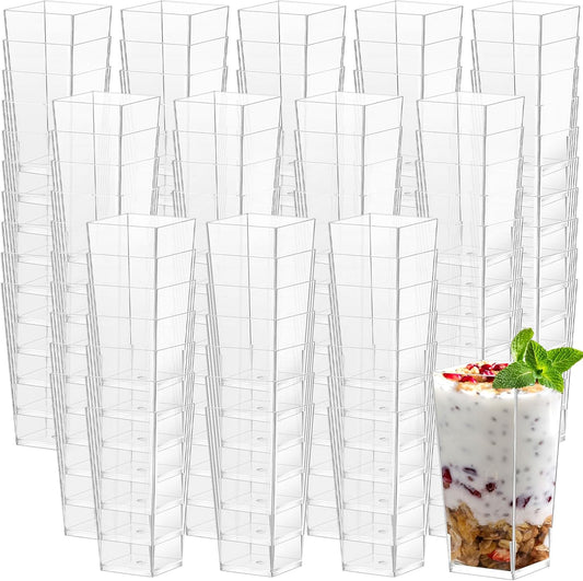 Uiifan 500 Pack 3 oz Mini Dessert Cups Tall Clear Plastic Parfait Cups for Desserts, Appetizers, Mousse Chocolate Dessert(Square Shape)