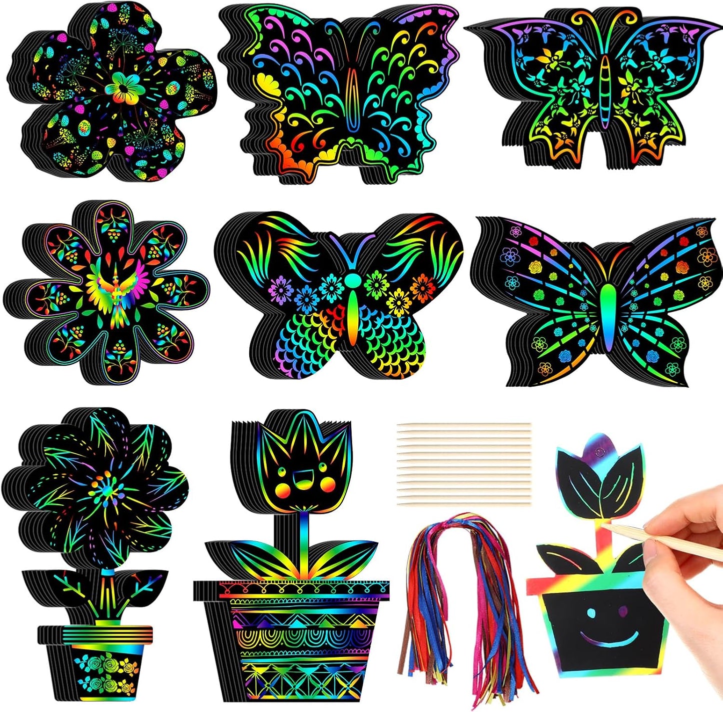HyDren 80 Pcs Spring Scratch Cards Rainbow Flower Butterfly Scratch Paper Tea Party Theme Flower Crafts with Bamboo Stylus and Ribbon for Adult Home DIY Craft(Classic Style)