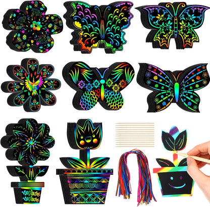 HyDren 80 Pcs Spring Scratch Cards Rainbow Flower Butterfly Scratch Paper Tea Party Theme Flower Crafts with Bamboo Stylus and Ribbon for Adult Home DIY Craft(Classic Style)