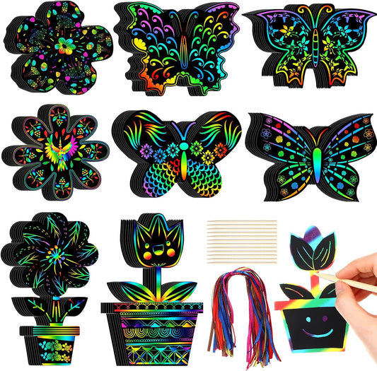 HyDren 80 Pcs Spring Scratch Cards Rainbow Flower Butterfly Scratch Paper Tea Party Theme Flower Crafts with Bamboo Stylus and Ribbon for Adult Home DIY Craft(Classic Style)