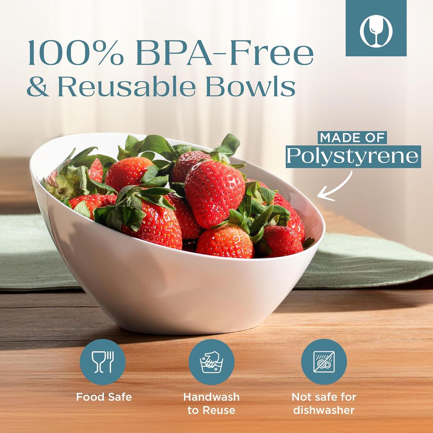 Posh Setting Crystal Clear, Disposable Premium Hard Plastic Medium Angled Bowl, Party, Salad, Snack and Fruit Bowl 5 Pack