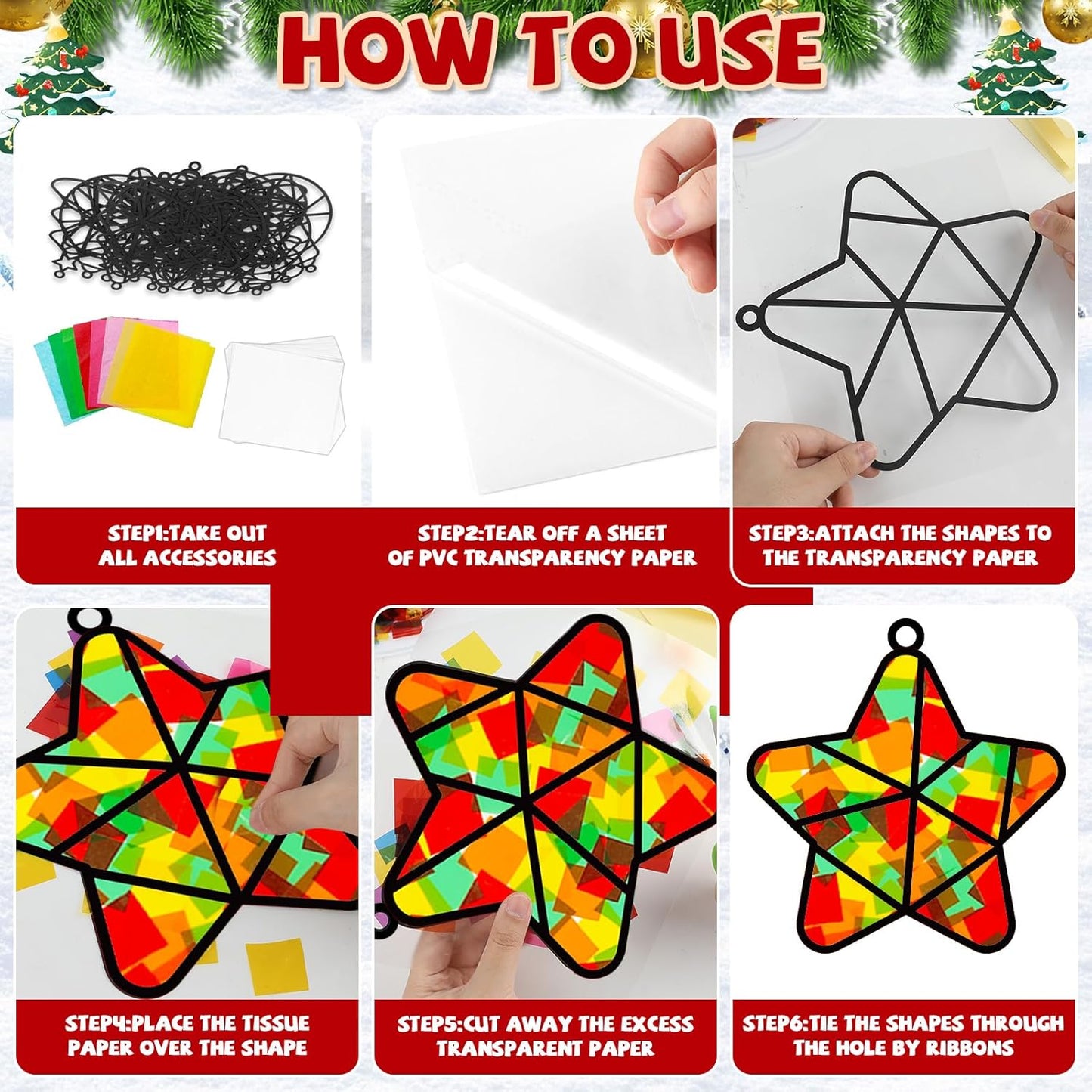 QOUBAI 32 Sets Stars Suncatchers Craft Back to School DIY Stained Glass Window Patriotic 4th of July Paper Craft Home School Classroom Decor Kid Birthday Gift Creative Art Activity Game - Colors A