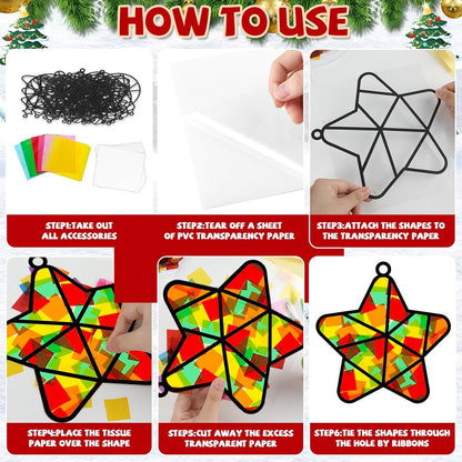 QOUBAI 32 Sets Stars Suncatchers Craft Back to School DIY Stained Glass Window Patriotic 4th of July Paper Craft Home School Classroom Decor Kid Birthday Gift Creative Art Activity Game - Colors A