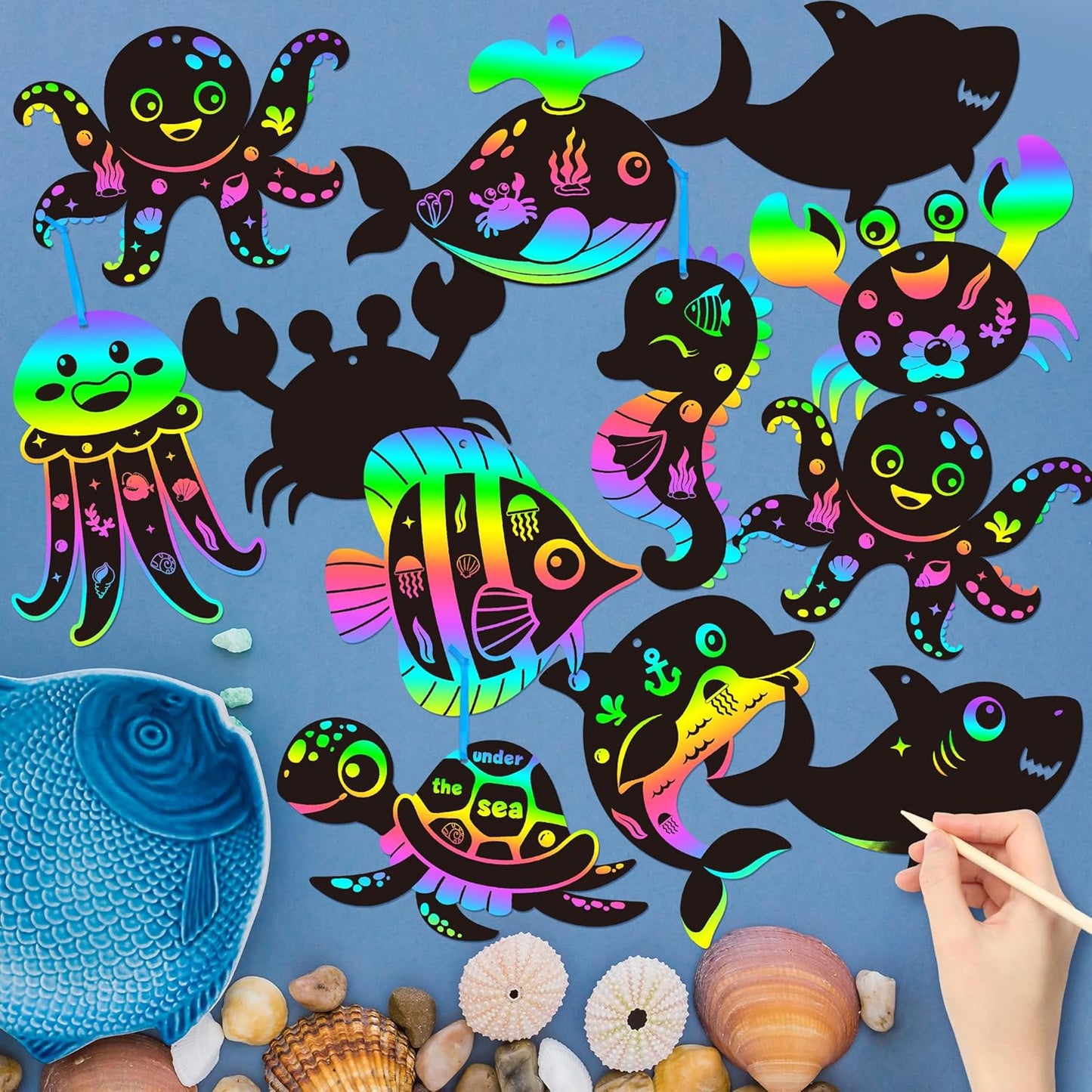 CY2SIDE Summer Ocean Animals Scratch Cards - 63PCS DIY Under The Sea Magic Art Color Scratch Card Craft Kit for Kids Dolphin Magic Rainbow Art for Kids Summer Birthday Party Favor School Activity