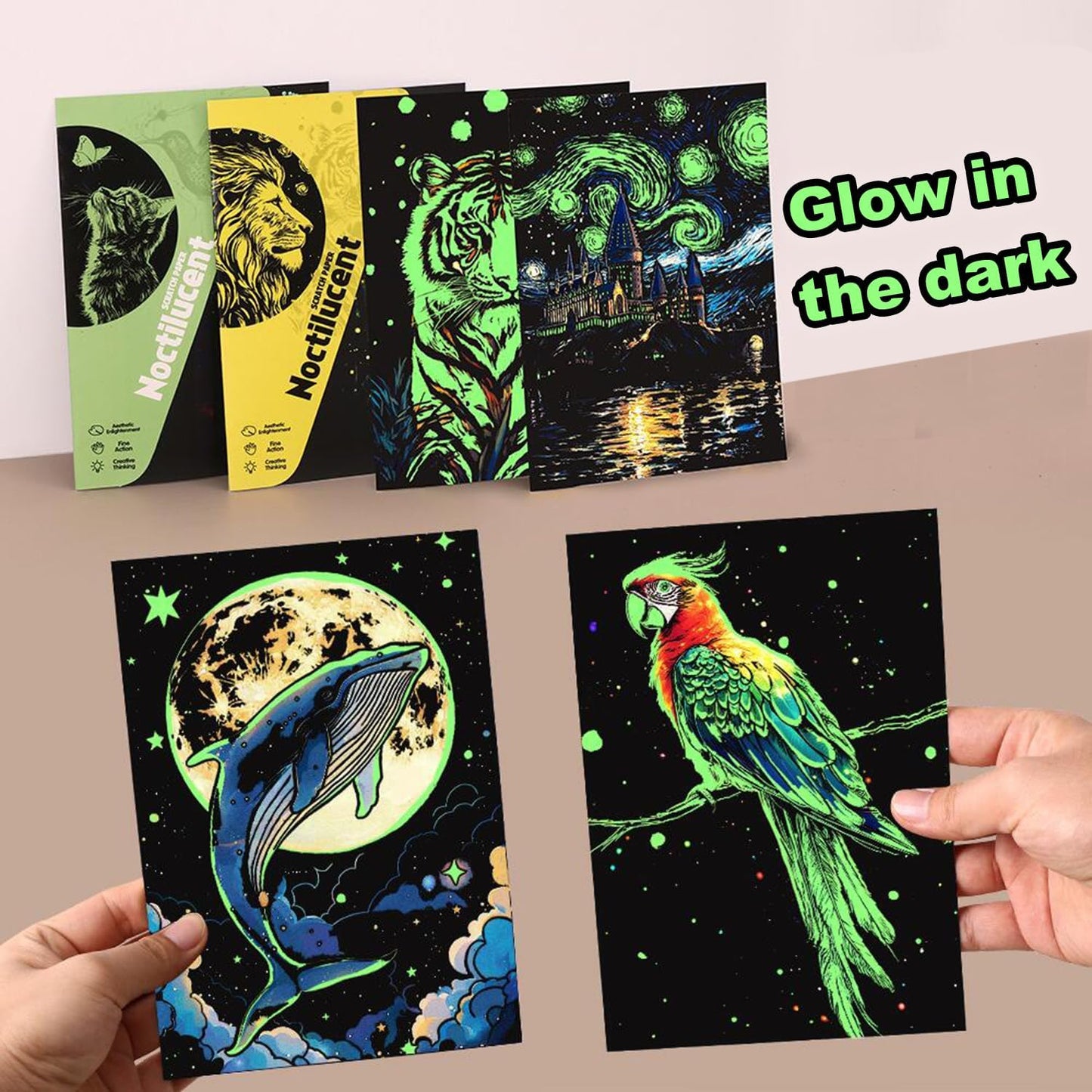 Georgie Porgy Scratch Paper Art Set for Kids Adults Magic Rainbow Scratchboards for DIY Arts and Crafts Kits Christmas Birthday Gift with Scratching Tools Kit (A4-Noctilucent Whale + Sea World)