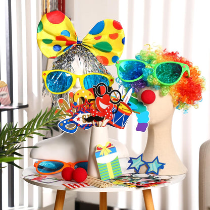 XunYee 57 Pcs Carnival Party Decoration Include Circus Photo Booth Props Clown Wig Silver Wig Clown Headband Clown Nose Funny Plastic Glass Clown Accessory Kit Party Supplies Carnival Birthday Party