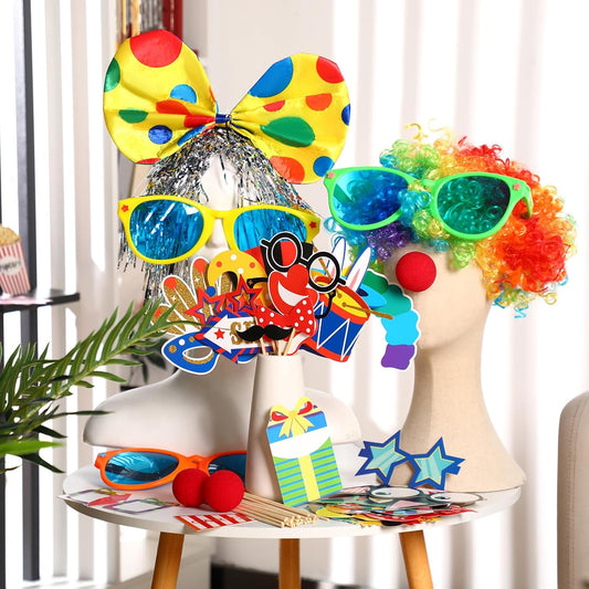 XunYee 57 Pcs Carnival Party Decoration Include Circus Photo Booth Props Clown Wig Silver Wig Clown Headband Clown Nose Funny Plastic Glass Clown Accessory Kit Party Supplies Carnival Birthday Party