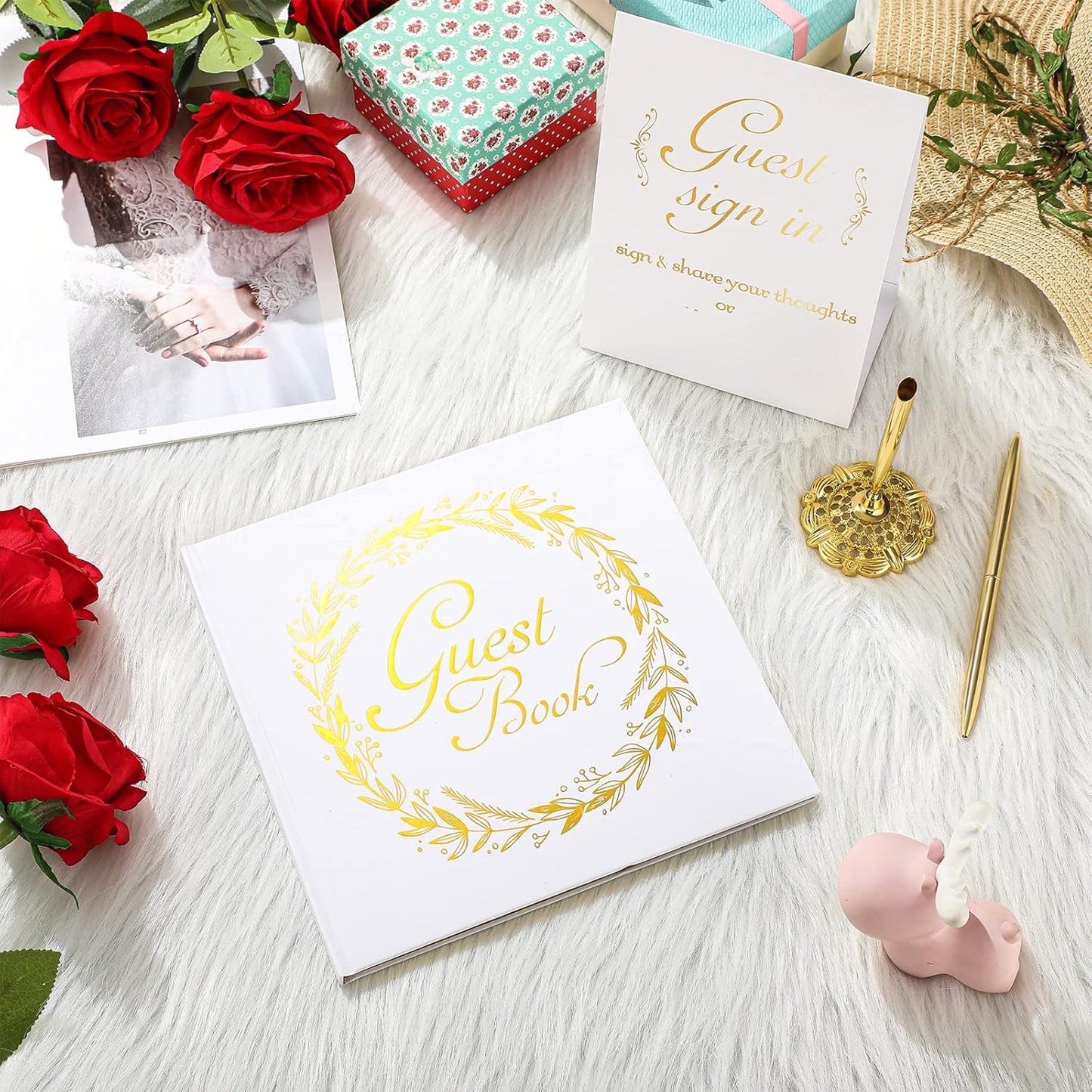 Wedding Guest Book with Pen and Table Cards, 9 x 9 Inch Guest Book Wedding Reception 50 Sheets Sign in Book Wedding Memory Book for Wedding Party Bridal or Baby Shower Guest Visitor (Elegant Style)