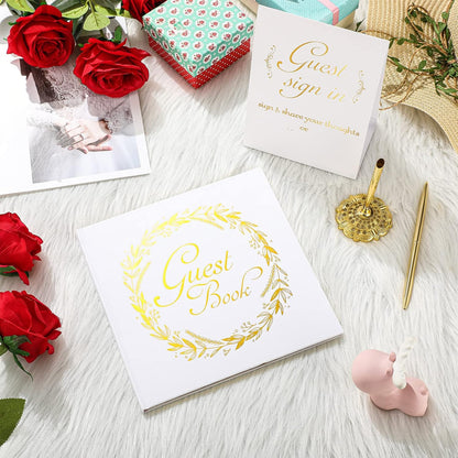 Wedding Guest Book with Pen and Table Cards, 9 x 9 Inch Guest Book Wedding Reception 50 Sheets Sign in Book Wedding Memory Book for Wedding Party Bridal or Baby Shower Guest Visitor (Elegant Style)