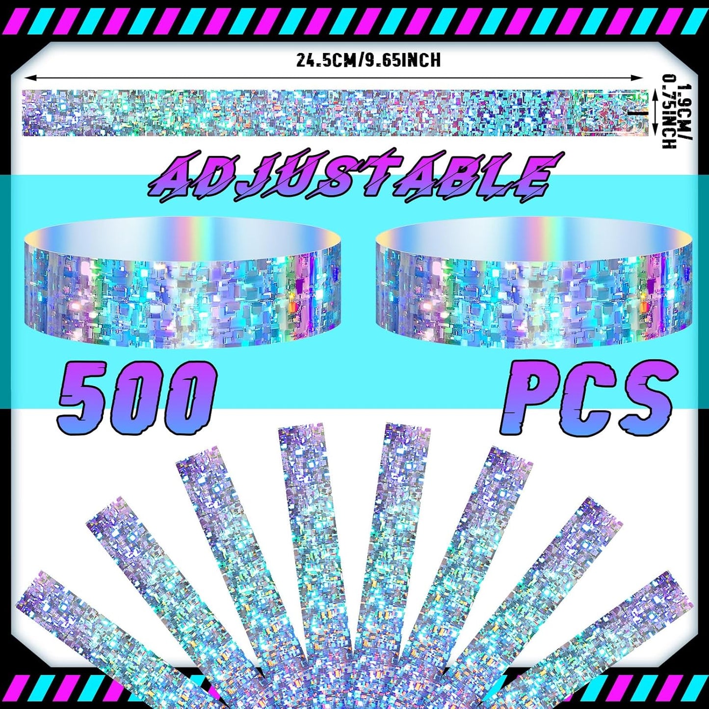 Glenmal 500 Pcs Holographic Plastic Party Wristbands Waterproof Event Neon Bracelets Wrist Bands Arm Bands for Water Parks Concerts Festivals Conferences Concerts(Fresh Style)