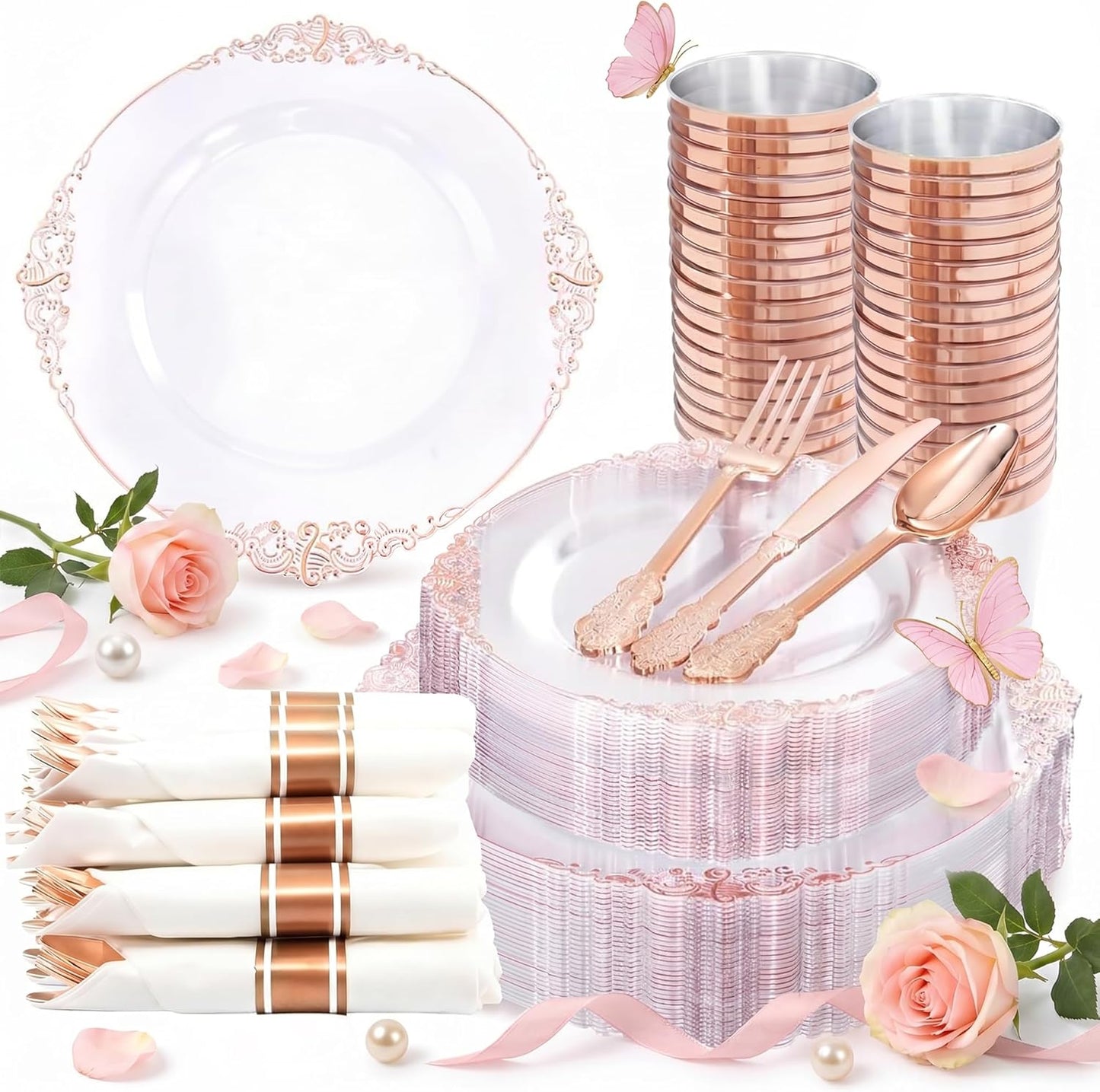 Nervure 350PCS Gold Plastic Plates - Gold Plastic Dinnerware Sets for 50 Guests - 100 Disposable Plates, 150 Silverware, 50 Cups, 50 Napkins for Wedding & Party & Mothers Day