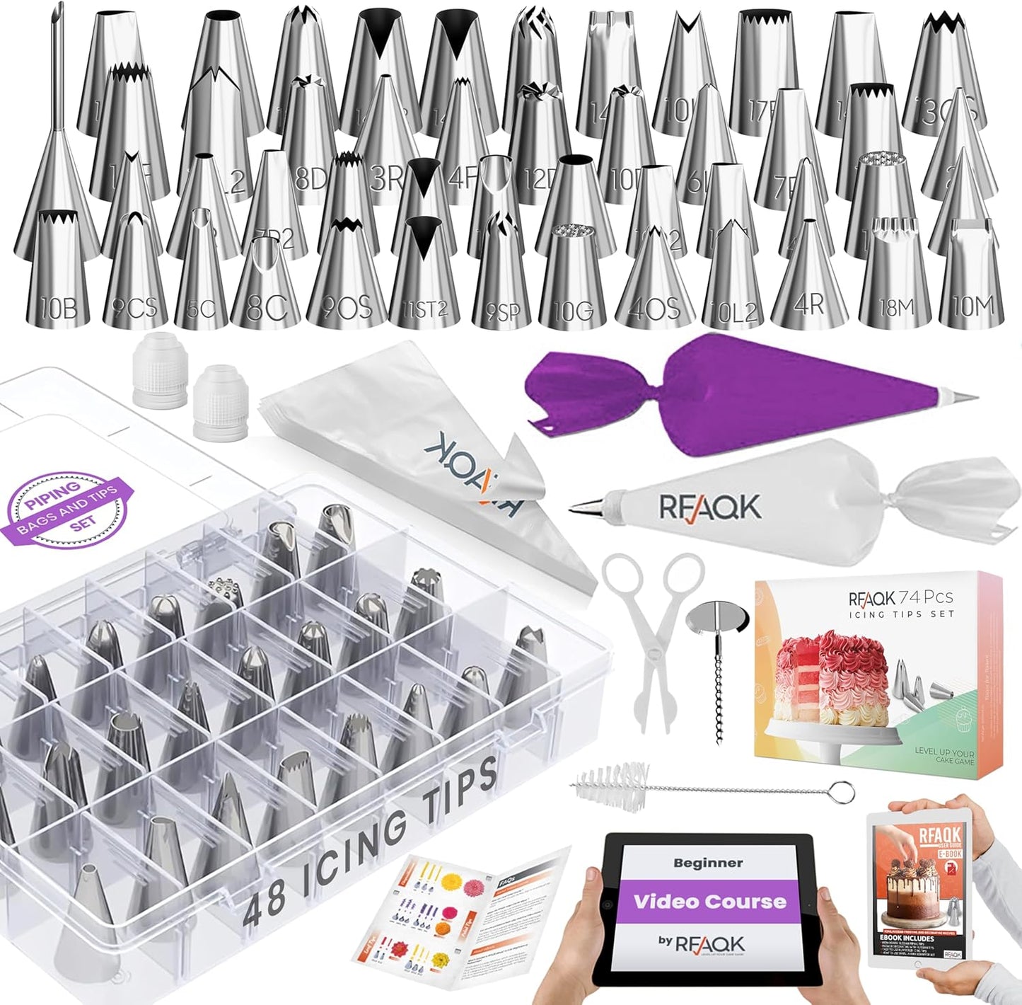 RFAQK 74 PCs Icing Piping Bags and Tips Set, Cake Decorating Kit with 48-Numbered Piping Tips, Anti Burst Pastry Bags for Cookie Cupcake Cake Decoration, Cake Decorating Tips Set with Booklet & E-book