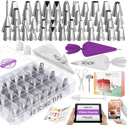 RFAQK 74 PCs Icing Piping Bags and Tips Set, Cake Decorating Kit with 48-Numbered Piping Tips, Anti Burst Pastry Bags for Cookie Cupcake Cake Decoration, Cake Decorating Tips Set with Booklet & E-book