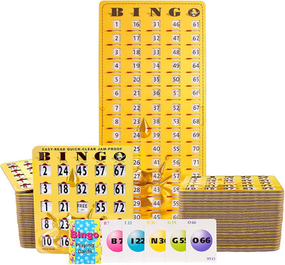 MR CHIPS Jam-Proof Bingo Cards with Sliding Windows, 25 Reusable Shutter Cards, 75 Calling Cards 1 Master Board in Tan Woodgrain Style
