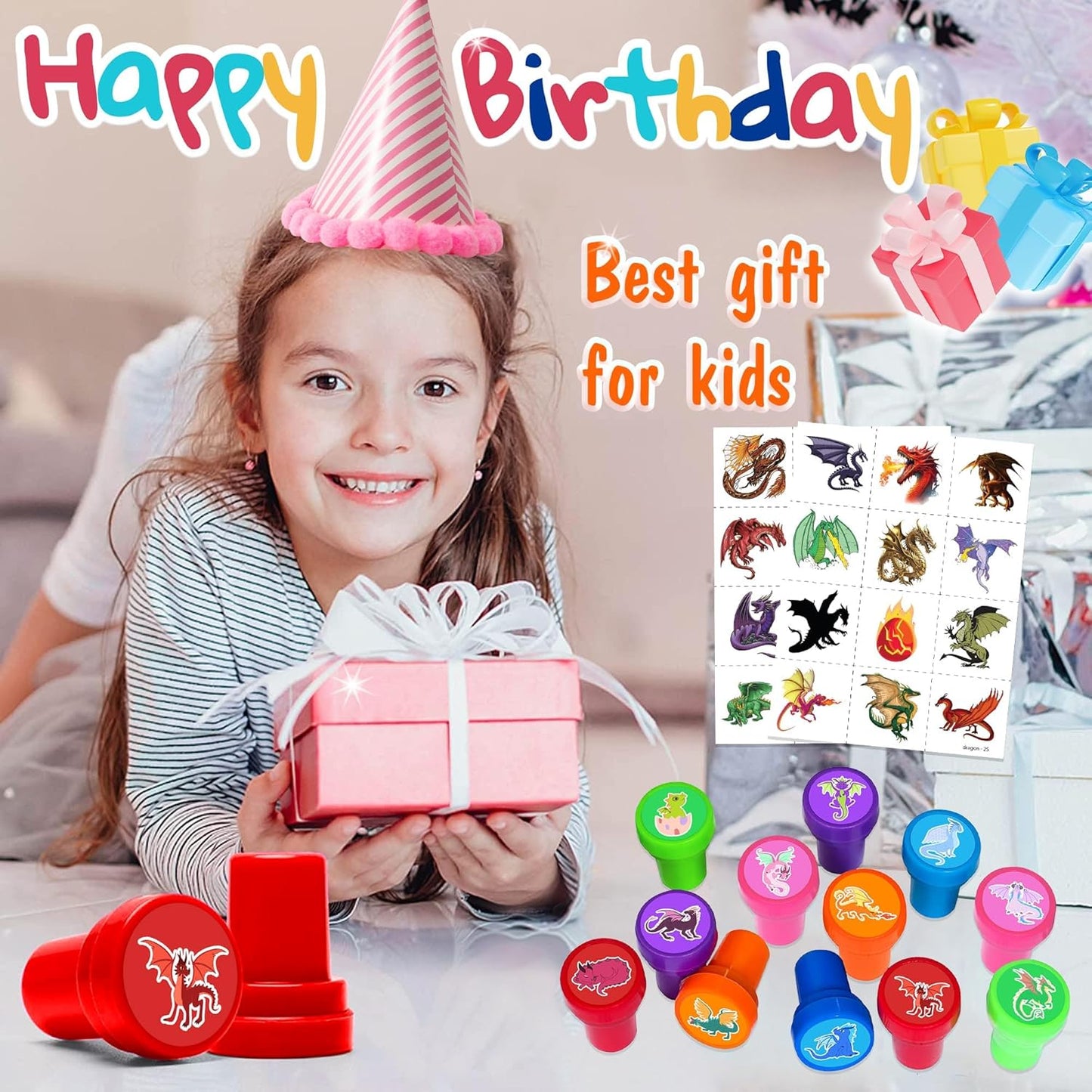 36PCS Dragon Party Favors - 24PCS Pre-Cut Temporary Tattoos & 12PCS Stamps - Ideal Magic Dragon Themed Birthday Card Decorations Supplies Goodie Bag Baby Shower Kids Gifts Classroom Rewards Prizes