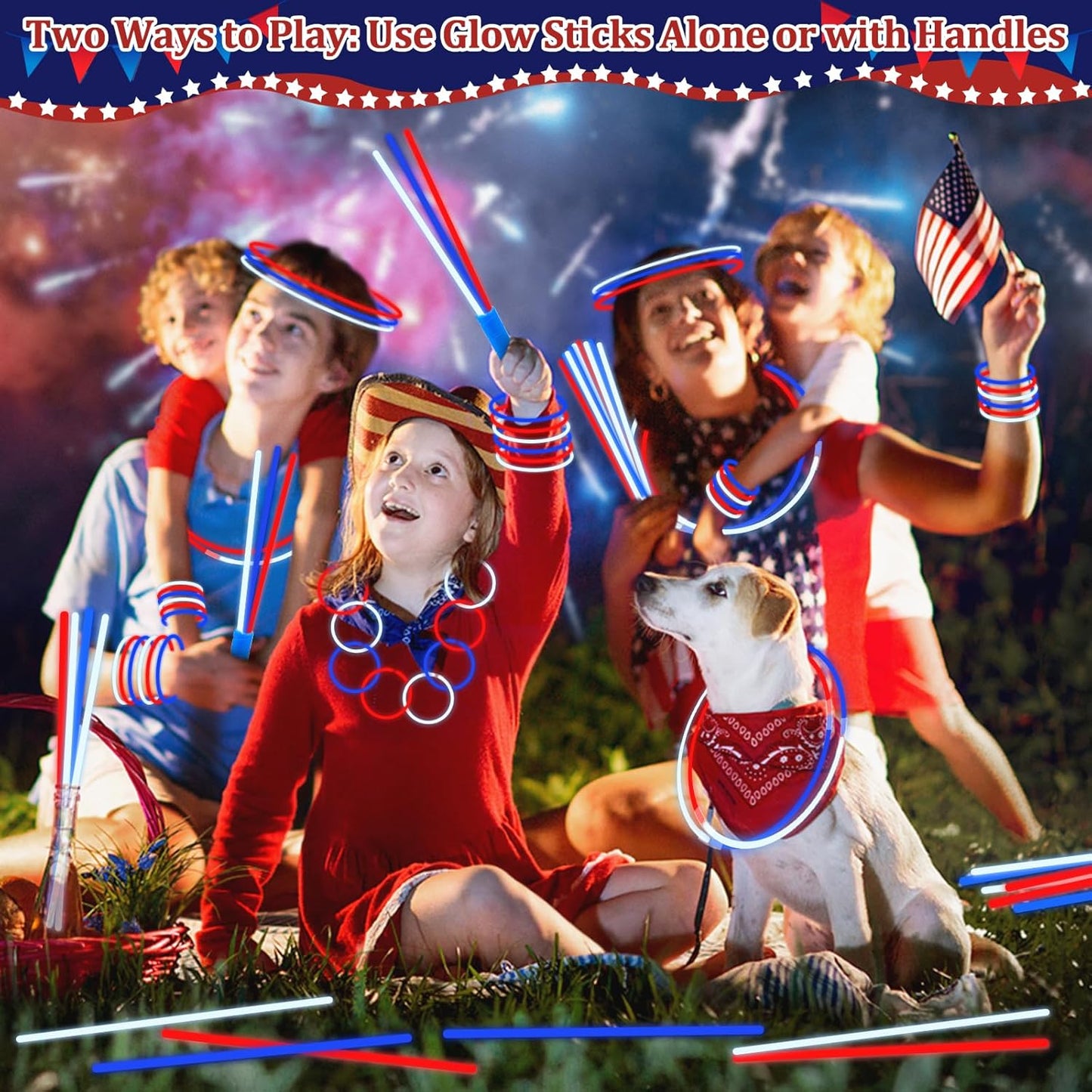 100 Pcs 4th of July Party Favors Glow Sticks with Connectors,Patriotic Glow Stick Red White Blue 3 in 1 Glow Bracelets and Necklaces 4th of July Accessories for Independence Day 250th Anniversary