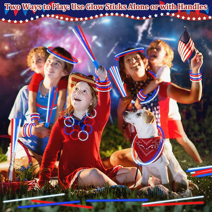 100 Pcs 4th of July Party Favors Glow Sticks with Connectors,Patriotic Glow Stick Red White Blue 3 in 1 Glow Bracelets and Necklaces 4th of July Accessories for Independence Day 250th Anniversary
