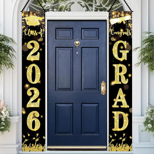 2026 Graduation Porch Banner Outdoor Waterproof - Black Gold Glitter Class of 2026 Door Decoration, Weather Resistant Grad Welcome Sign for Front Door Yard Garage, High School College Graduation Party Supplies (71" x 12", 2 Pack)