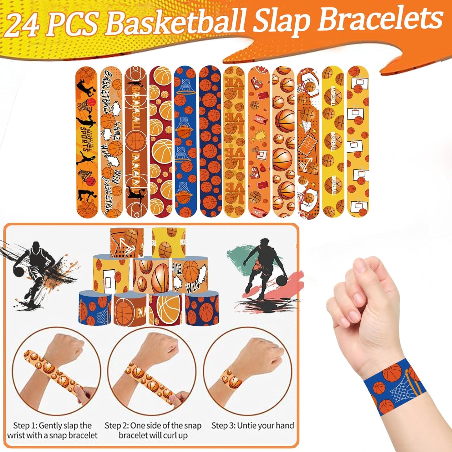 CZWXOXO Basketball Theme Party Favors 24 Pcs Ball Theme Slap Bracelets 50 Pcs Sport Theme Stickers，Party Team Gift Fillers School Classroom games Rewards Supplies