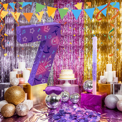 Musical Note Birthday Decorations, 15.7 x 11.5 x 3 Inch Purple Musical Note Number 7 Pinata with 16 Inch Piñata Stick Blindfold Confetti for 7th Music Theme Birthday Party Supplie